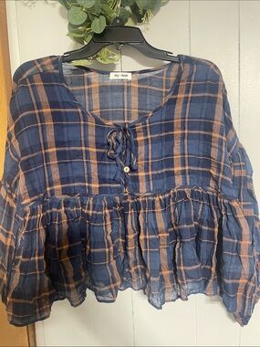 Day + Moon Navy Plaid Ruffle Hem Tunic